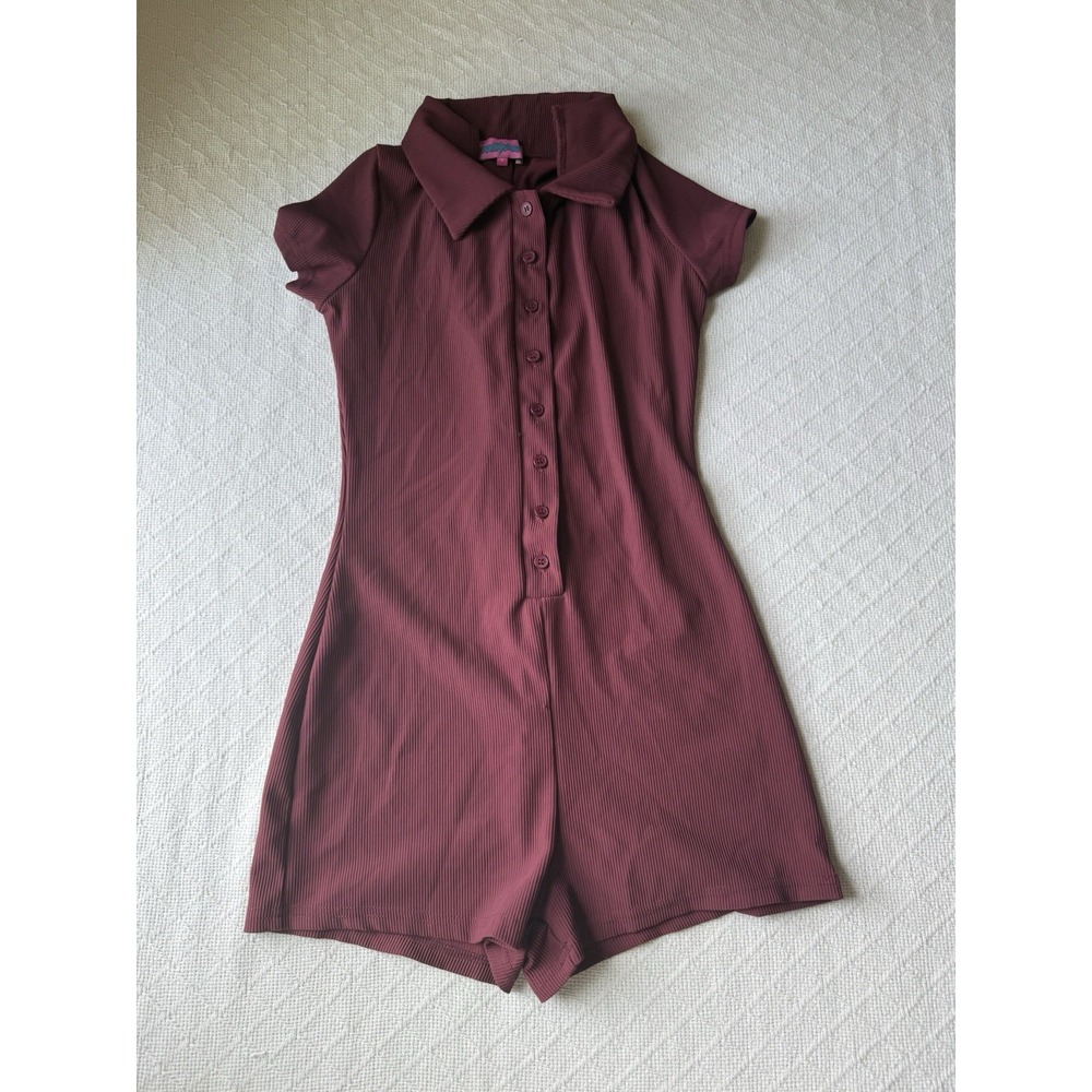 Edikted Burgundy Ribbed Polo Romper Short Sleeve Button Front One Piece S